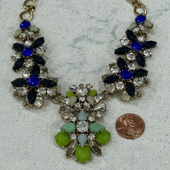 J. Crew Stunning Cluster Statement Necklace Multi Crystals & Gold Chain Signed - Picture 9 of 13